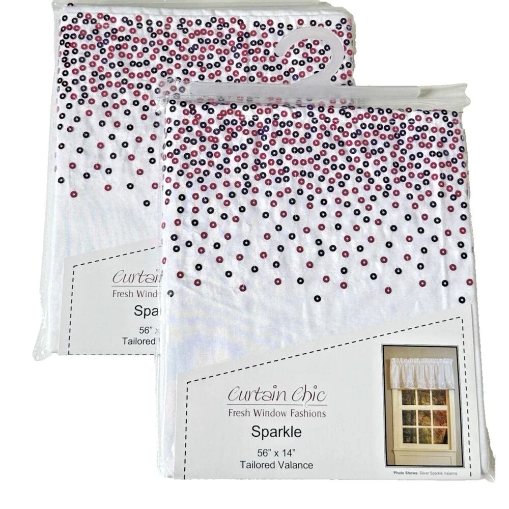Curtain Chic Sequin Sparkle Valance White Fuchsia 56X14” Rod Pocket Set of 2